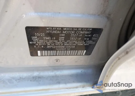 2022 Hyundai Accent Se z USA, uszkodzony, nr VIN 3KPC24A66NE159234